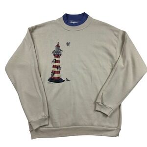 Vintage Endless‎ Designs Lighthouse Bird Feeder Sweatshirt Mens LG Tan Mock Neck